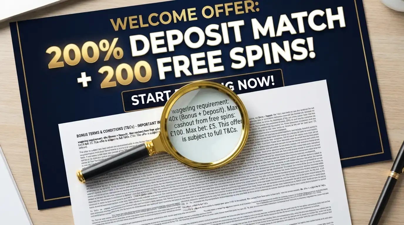 A welcome-bonus promotional banner with the fine-print terms page overlaid, magnifying the wagering requirement and cashout-cap clauses