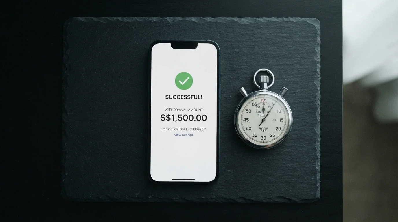 A smartphone displaying a withdrawal confirmation screen, with a stopwatch beside it showing elapsed time