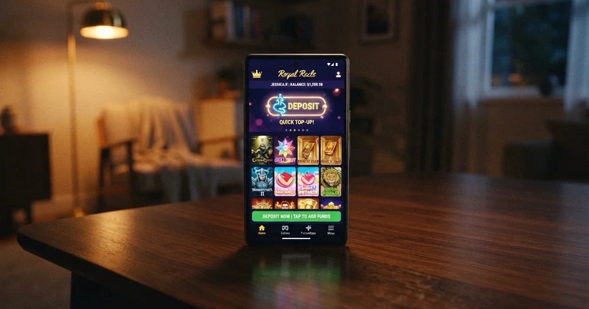 A smartphone screen showing a bitcoin casino lobby with a Bitcoin logo, pokie thumbnails and a deposit button
