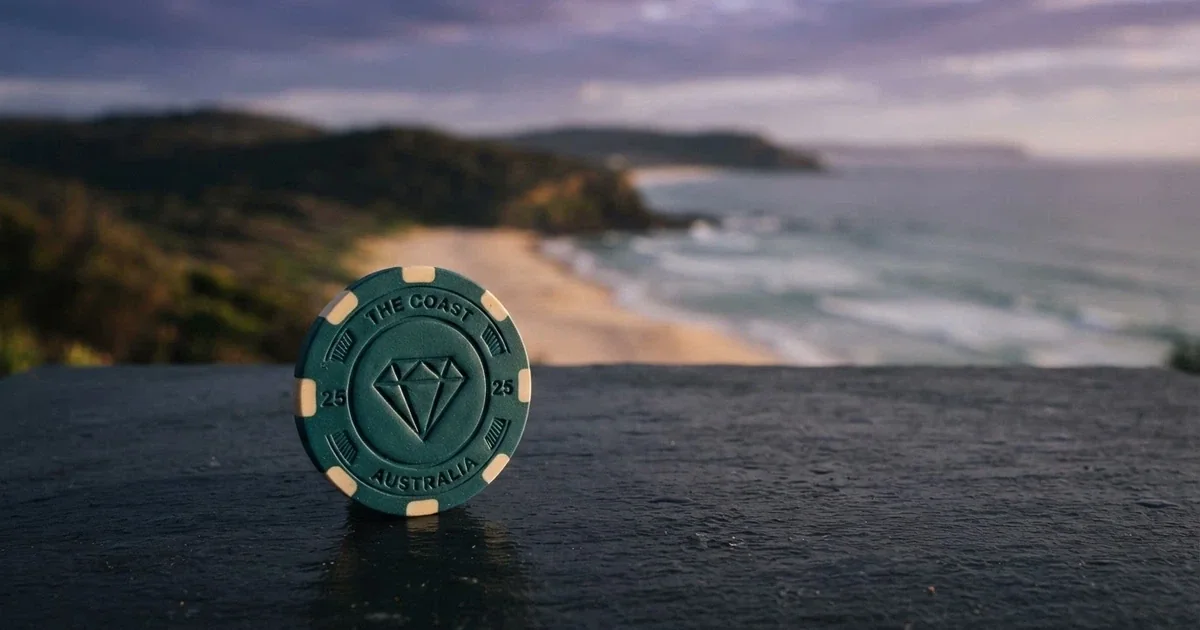 An Ethereum logo on a casino-chip design against a dark background with an Australian shoreline silhouette
