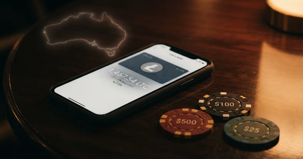 A smartphone screen showing a Litecoin wallet balance beside casino chips on a dark tabletop, with a faint outline of Australia in the background