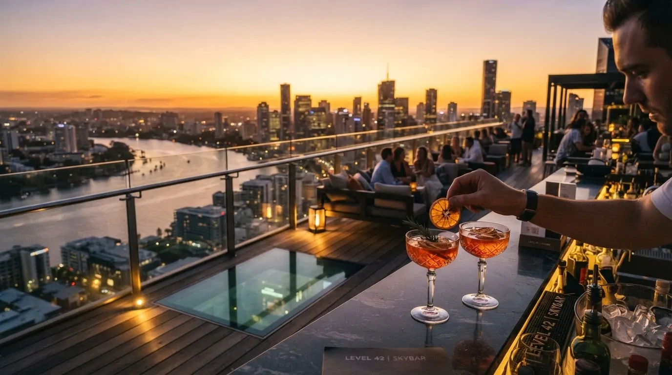 Cicada Blu rooftop bar at sunset on the Sky Deck, 100 metres above the Brisbane River, with cocktails and the glass-bottom deck visible