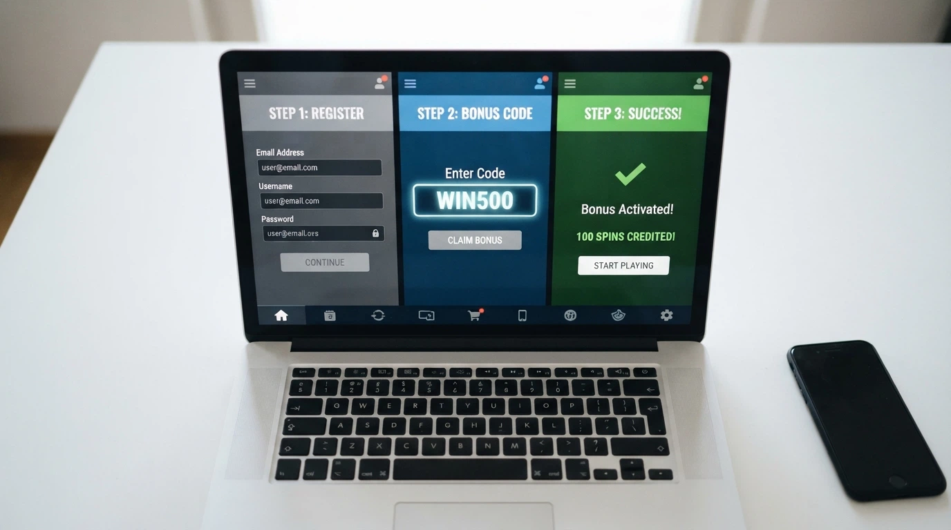 A step-by-step sequence of a casino registration form, a bonus-code field and a confirmation screen showing credited spins