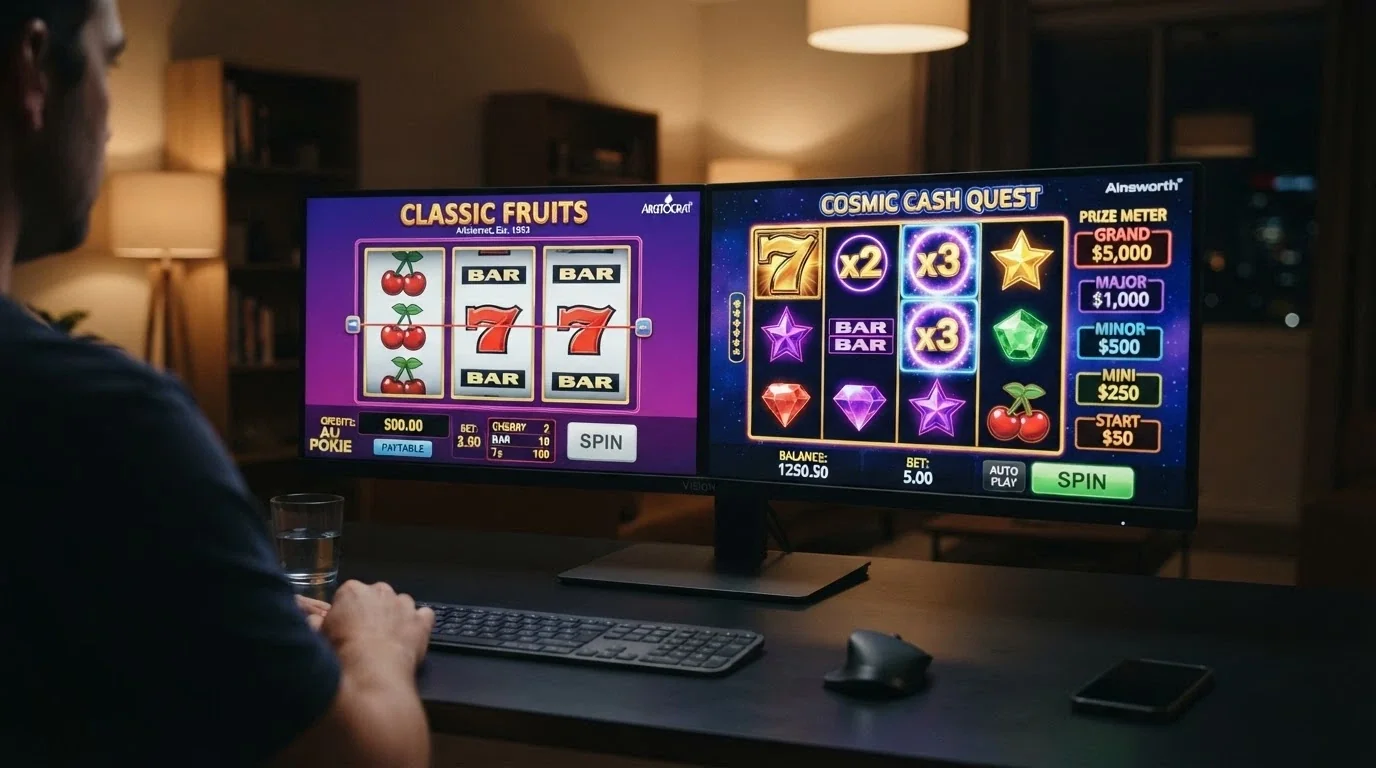 Two pokie screens side by side — a simple one-payline fruit machine with three reels on the left, and a feature-rich 3×3 grid with multiplier symbols and a jackpot meter on the right