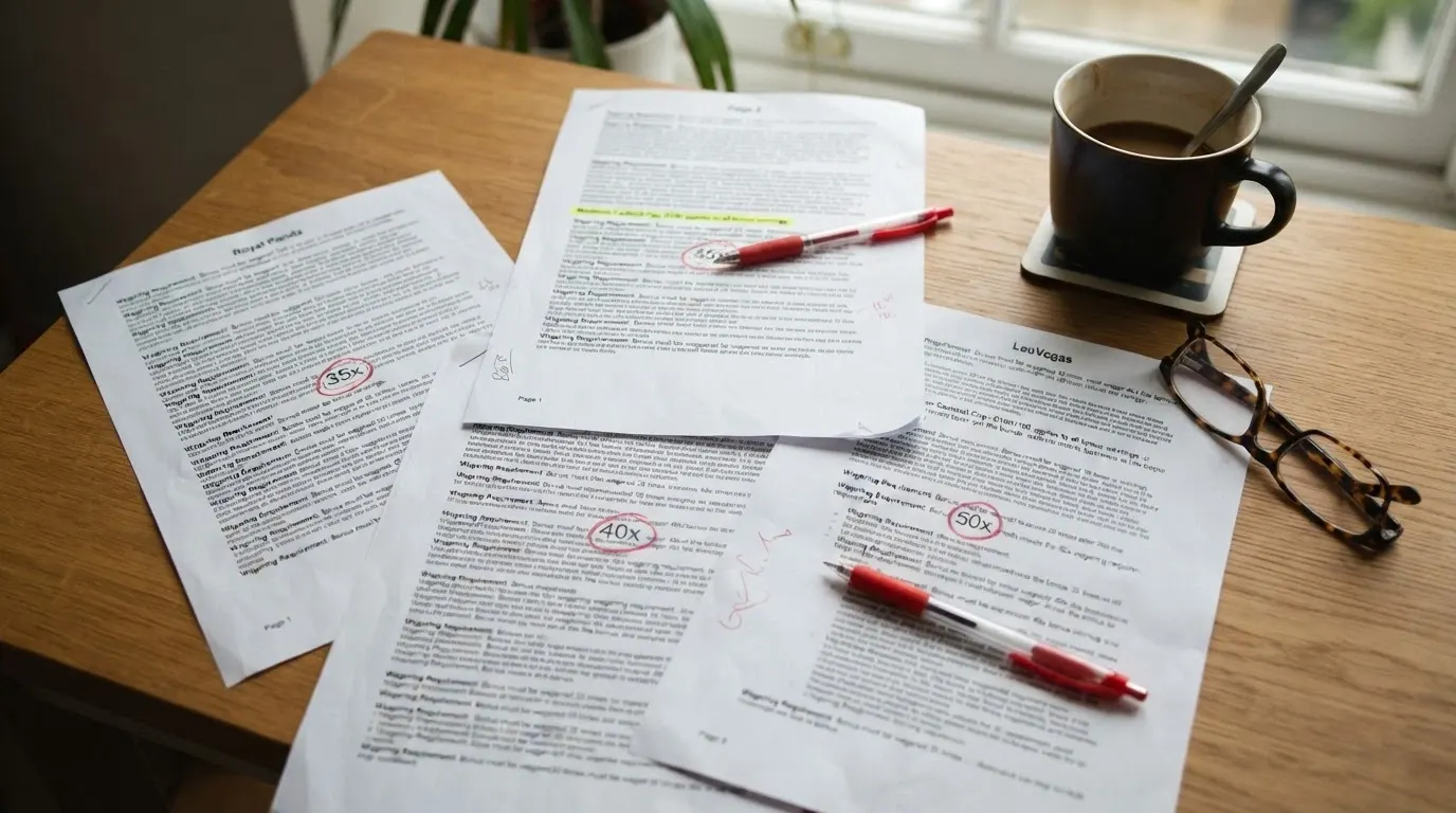 A side-by-side view of bonus-terms pages from multiple online casinos, with wagering-multiplier figures circled