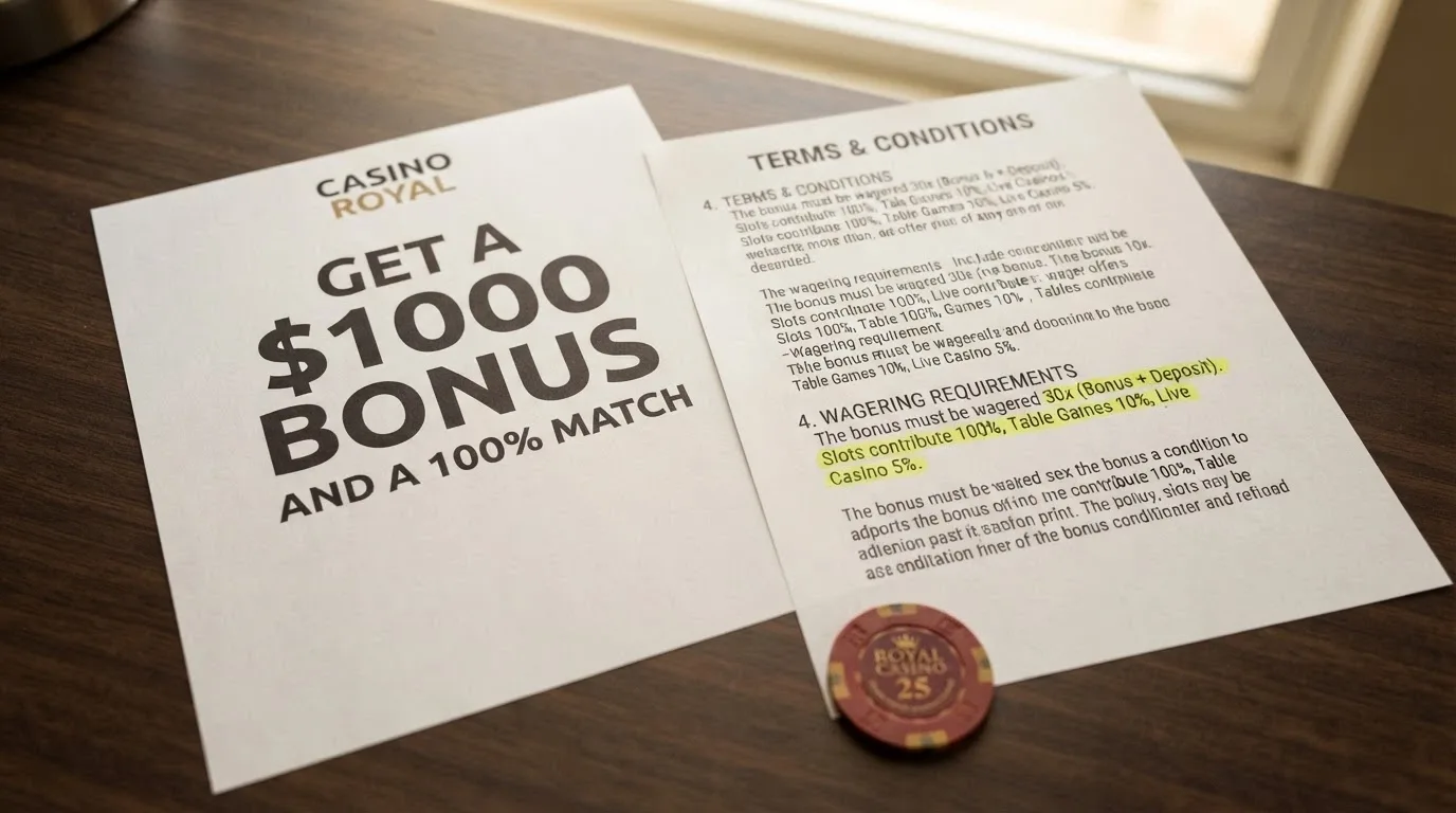 A welcome-bonus promotional banner beside a close-up of the terms-and-conditions section, with the wagering requirement and game contribution rate underlined