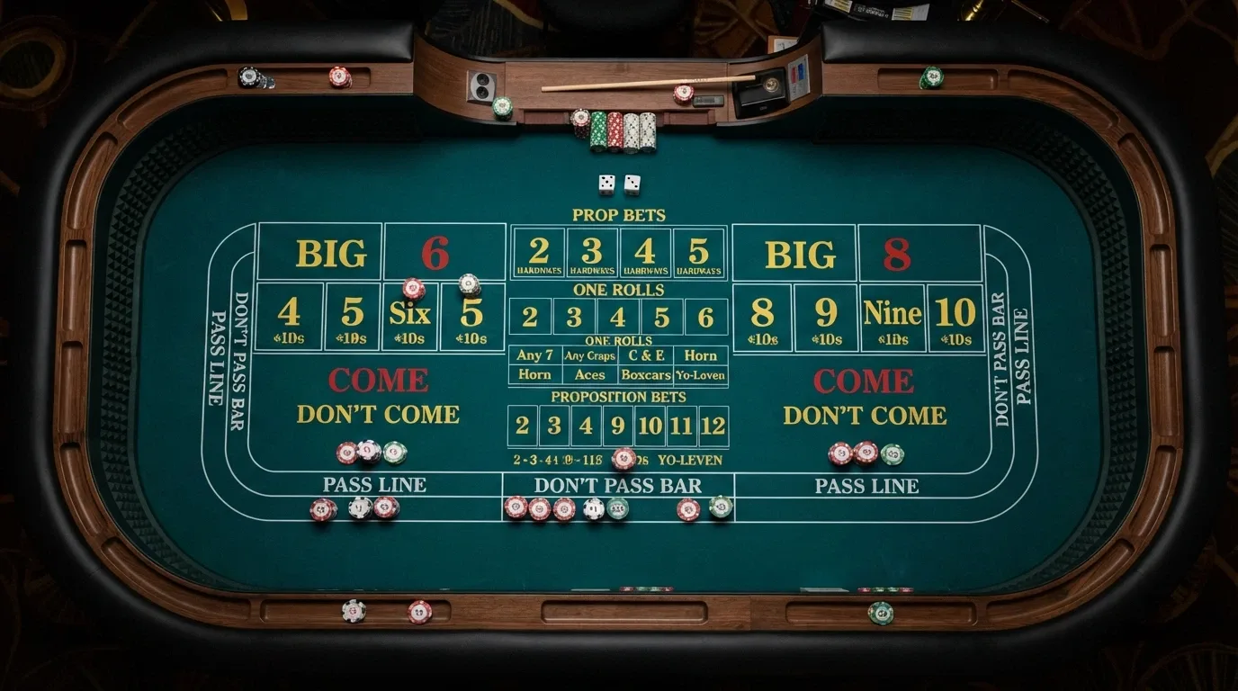 The full craps table felt seen from above, with every betting area labelled and chips placed on the pass line and come bets