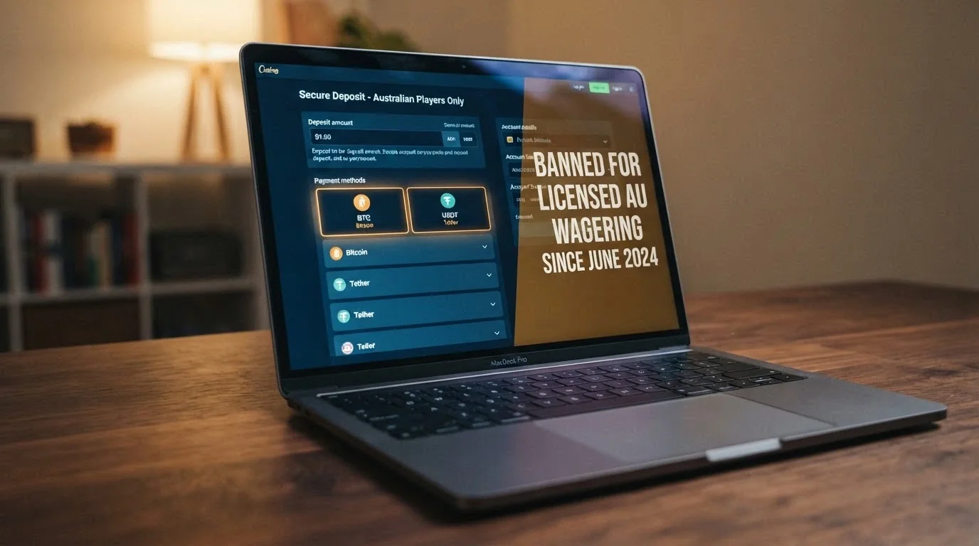 A laptop screen showing a casino deposit page with Bitcoin and Ethereum options highlighted, overlaid with a translucent warning symbol and the text “Banned for licensed AU wagering since June 2024”