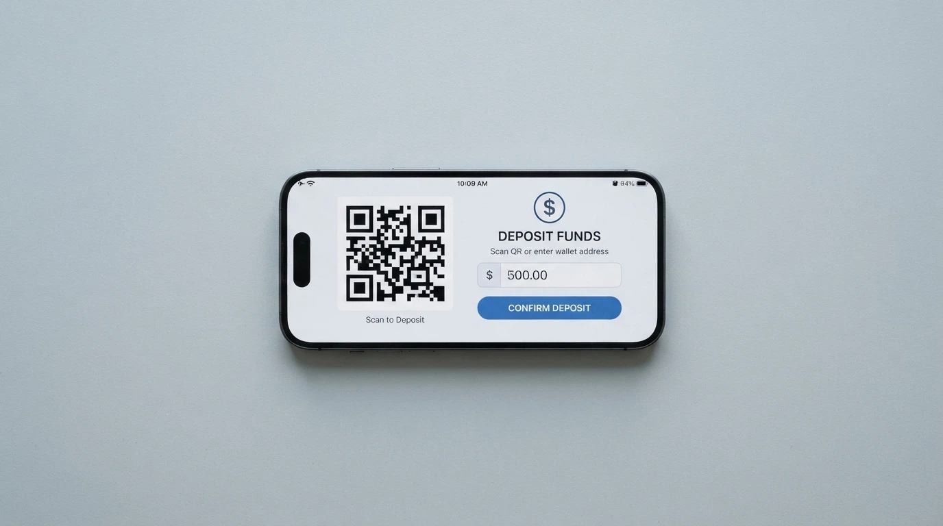 A smartphone showing a Bitcoin wallet QR code beside a casino deposit screen, no bank card visible.