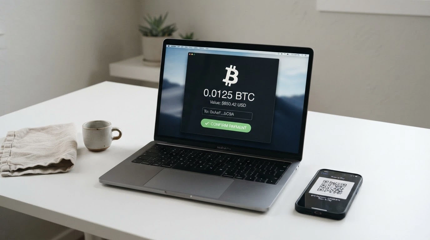 A laptop screen showing a crypto wallet sending Bitcoin to a casino deposit address with a confirmation timer