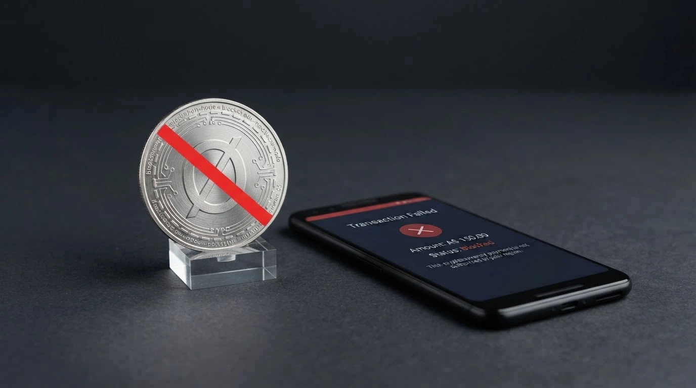 A cryptocurrency token symbol crossed out with a red line beside an Australian online-wagering payment screen showing a blocked-transaction notice