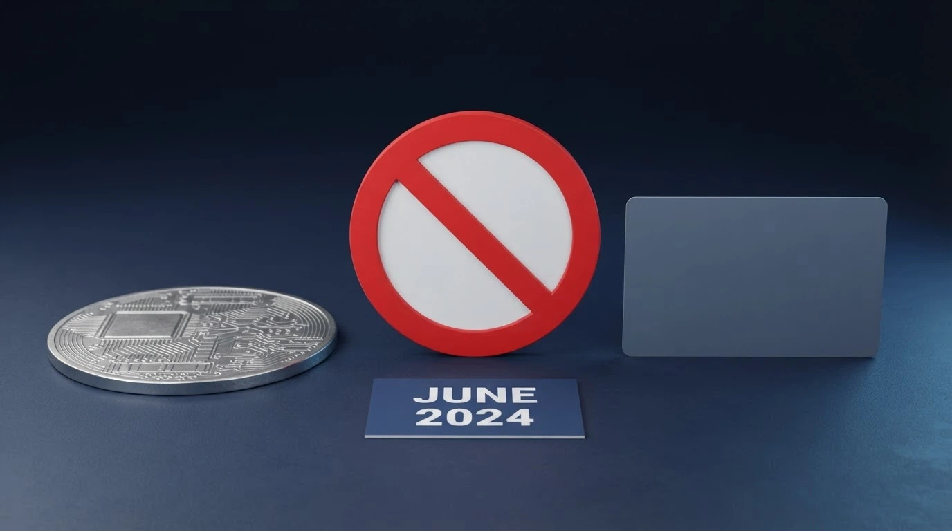 A Bitcoin symbol and an Australian bank card separated by a red prohibition icon, with a calendar showing June 2024