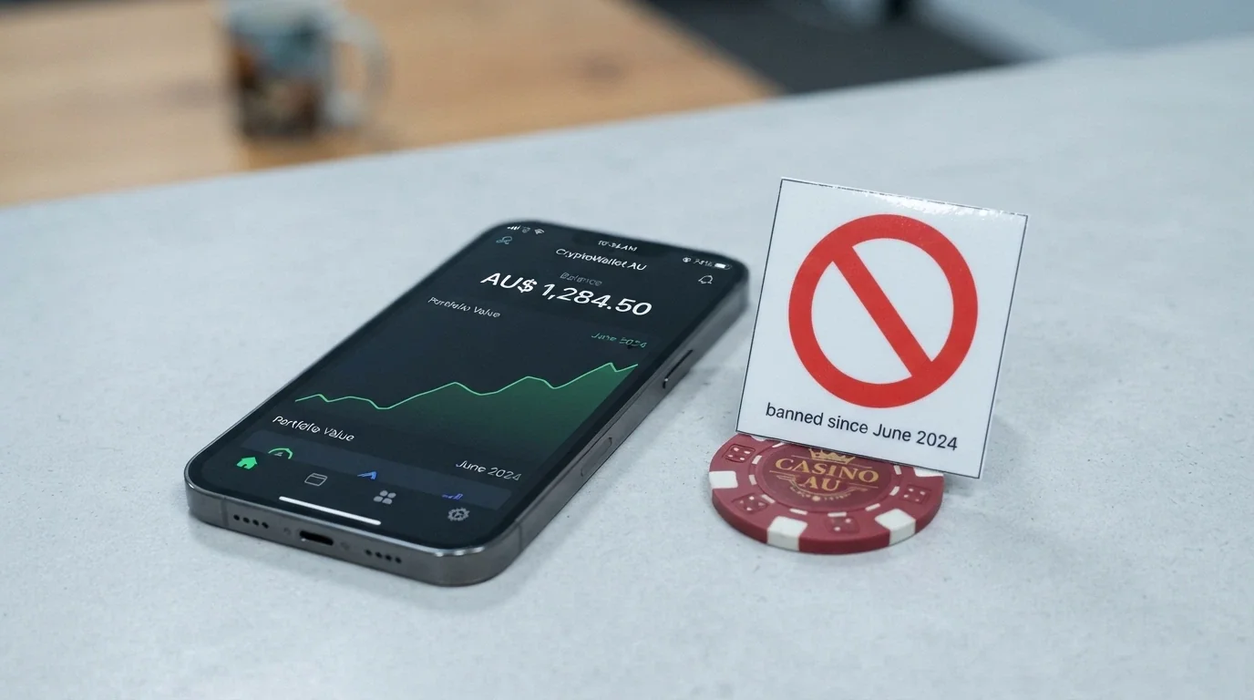 A smartphone screen showing a crypto wallet app beside a red prohibition symbol over a casino chip, with the text “banned since June 2024” visible in small type.