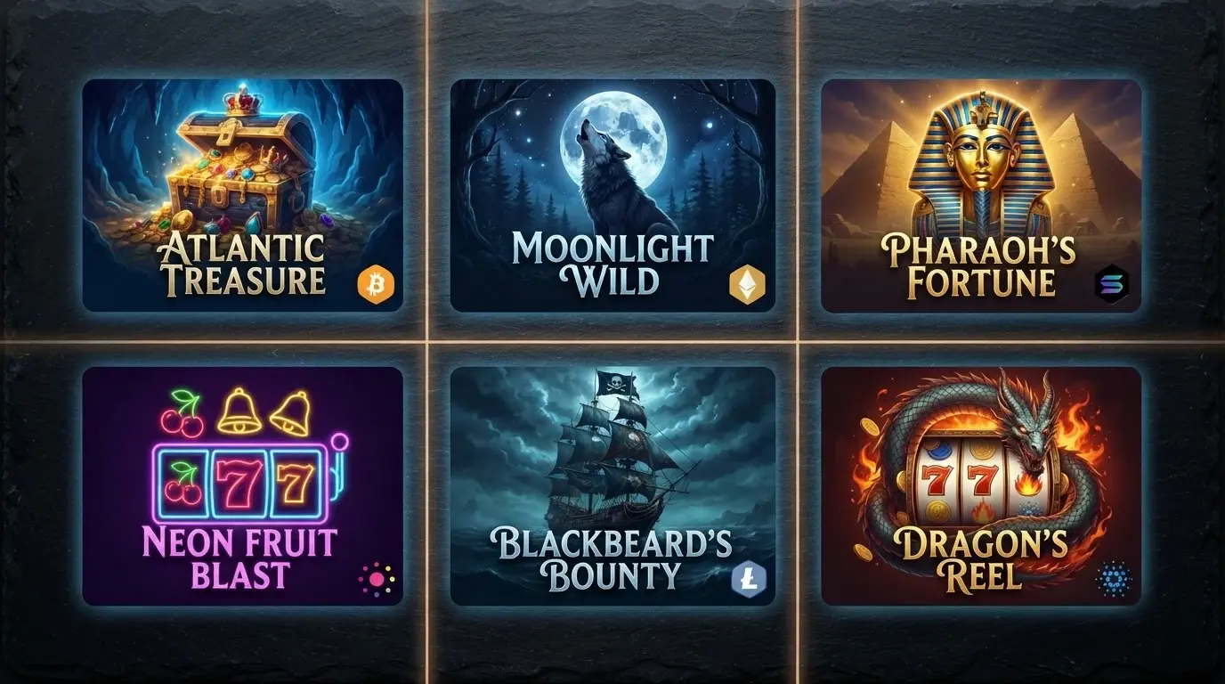 A grid of well-known online pokie title cards (stylised, no real branding) with cryptocurrency symbols overlaid in the corner of each card