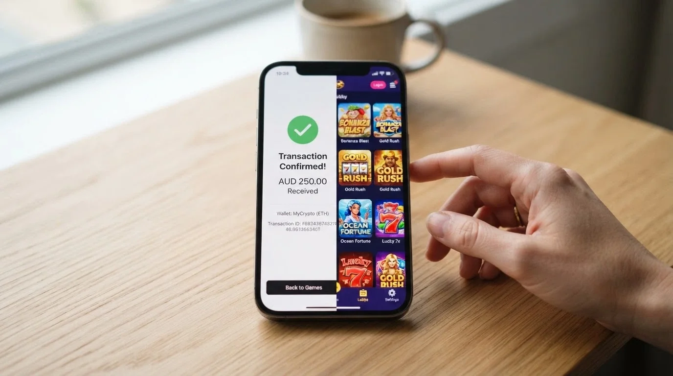 A blockchain wallet interface on one side with a confirmation screen, arrows linking to a pokie game lobby showing slot thumbnails