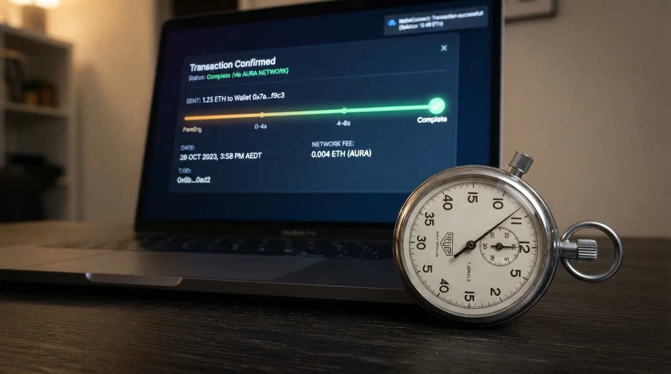 A stopwatch beside a laptop showing a crypto transaction confirmation screen with a pending-to-complete progress bar