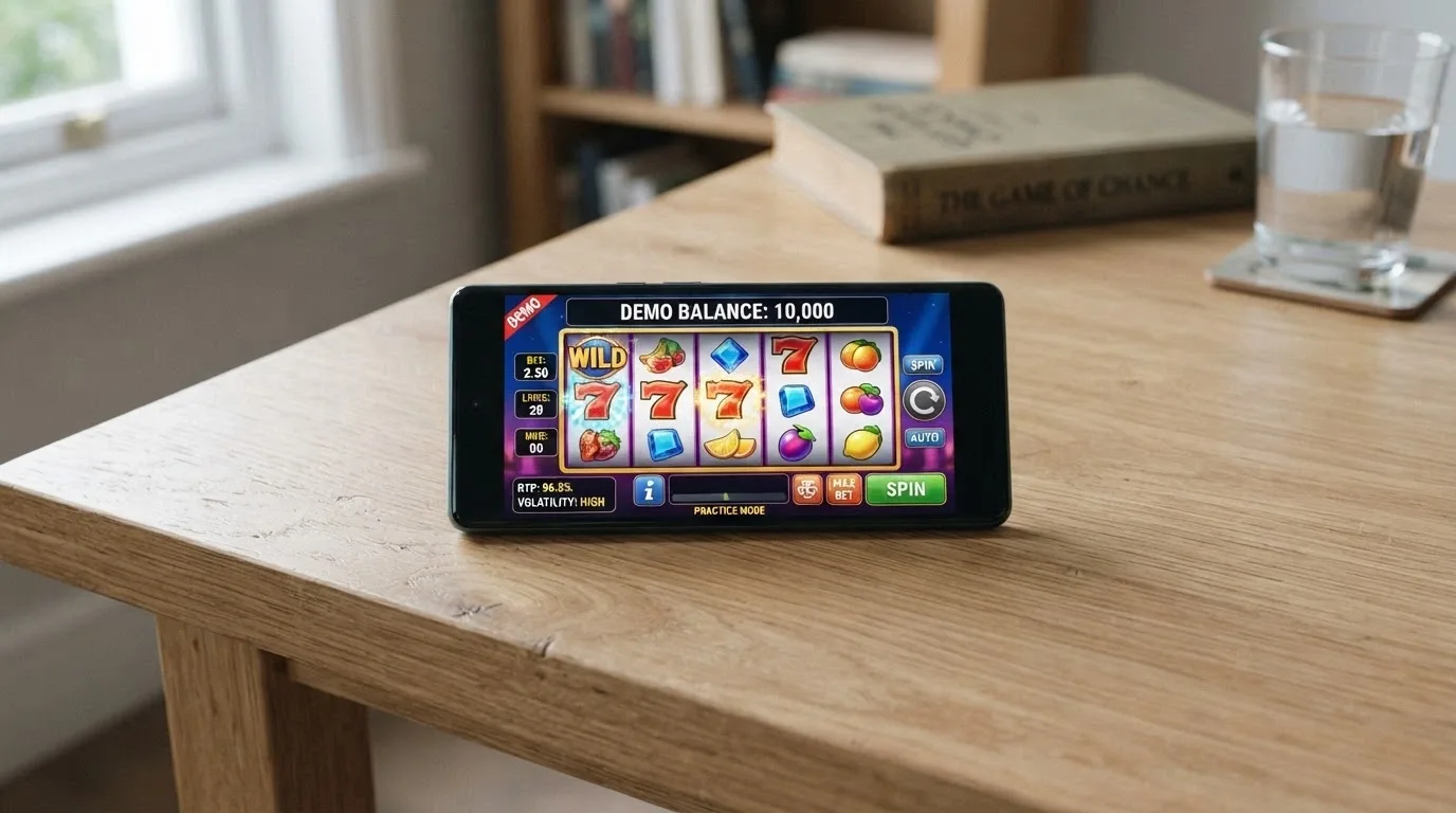 A demo-mode pokies game running on an Android smartphone with a virtual credit balance of 10,000 and a visible RTP info panel
