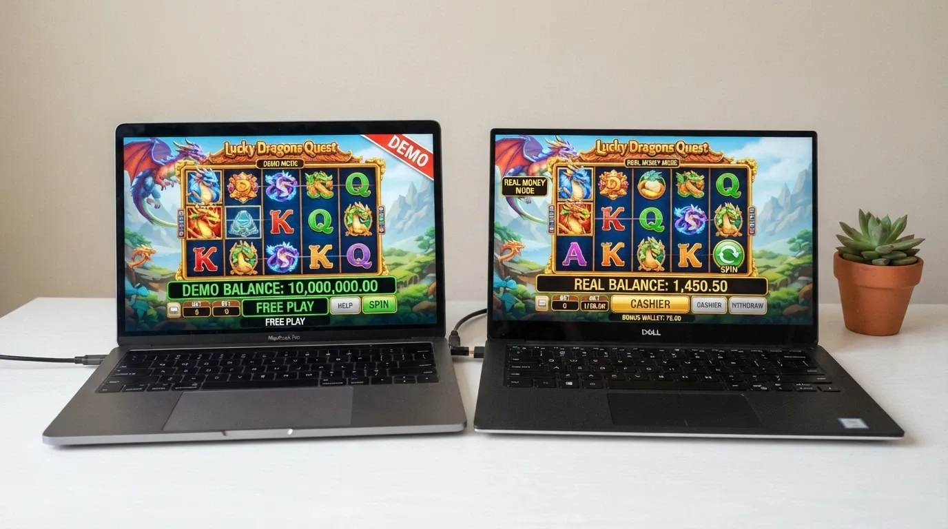 Split screen showing a demo-mode pokie with unlimited fake credits on one side and a real-money no-deposit pokie with a capped balance on the other