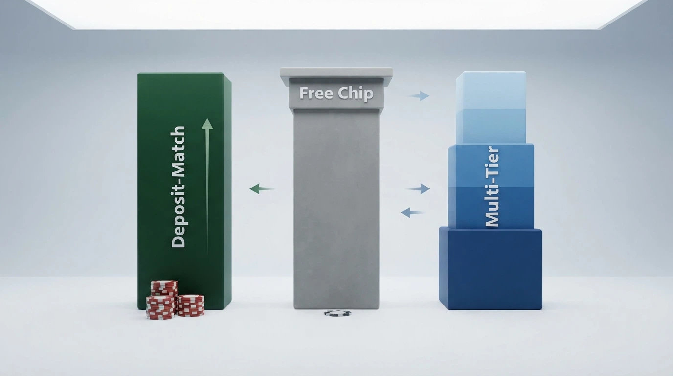Three side-by-side columns labelled Deposit-Match, Free Chip, and Multi-Tier with arrows showing money flowing in and out of each
