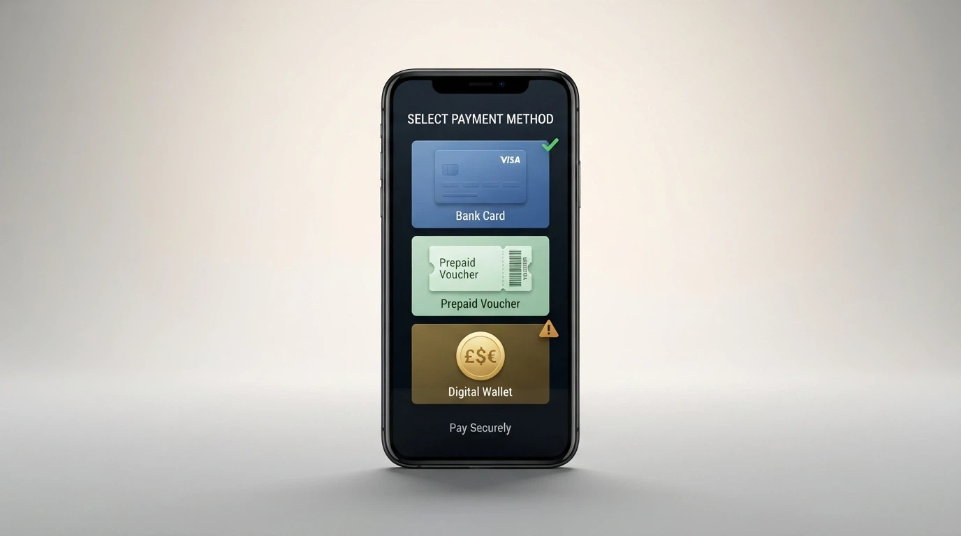 A payment-method selection screen showing PayID, Neosurf, Visa and Bitcoin logos with Australian dollar amounts beside each, one marked with a green tick and one with a red caution symbol