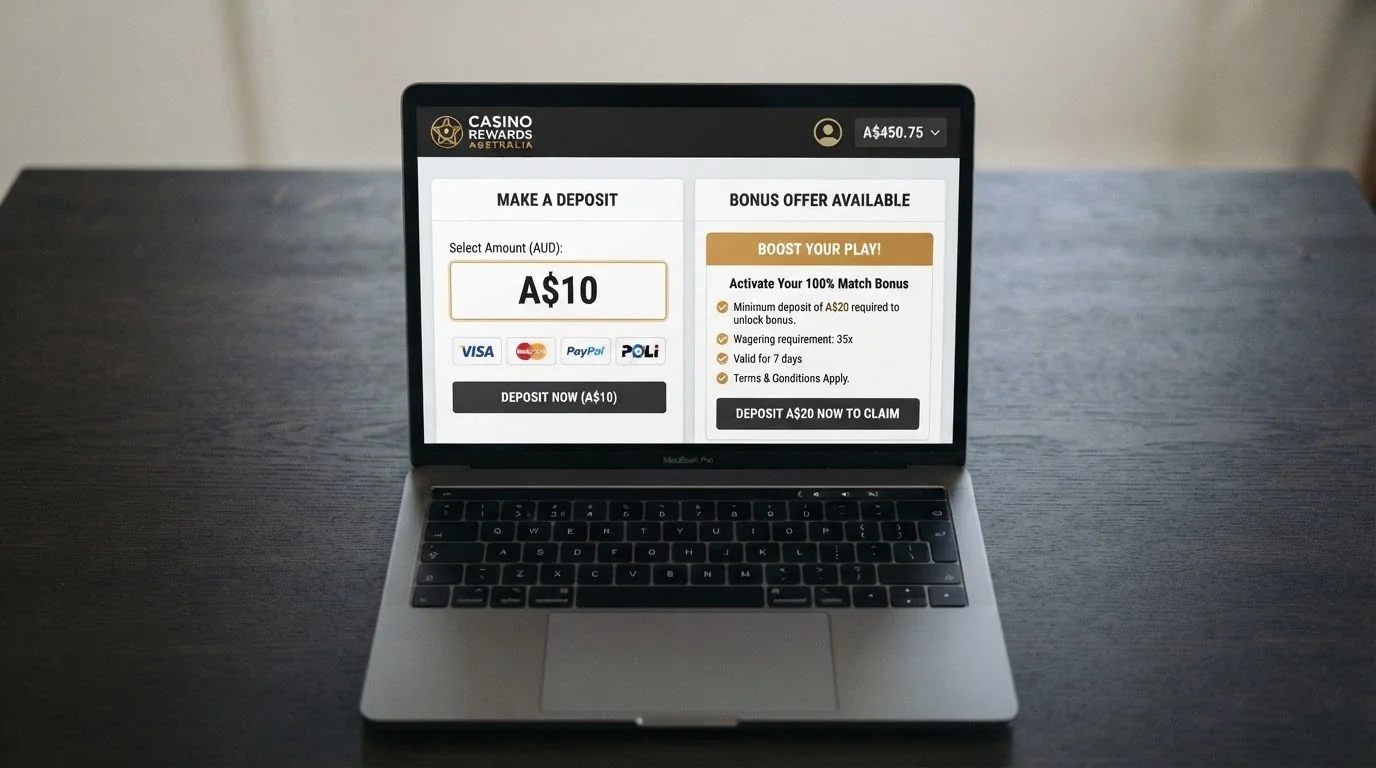 A close-up of an online casino cashier page showing a A$10 deposit amount beside a terms panel that lists a A$20 minimum for bonus activation