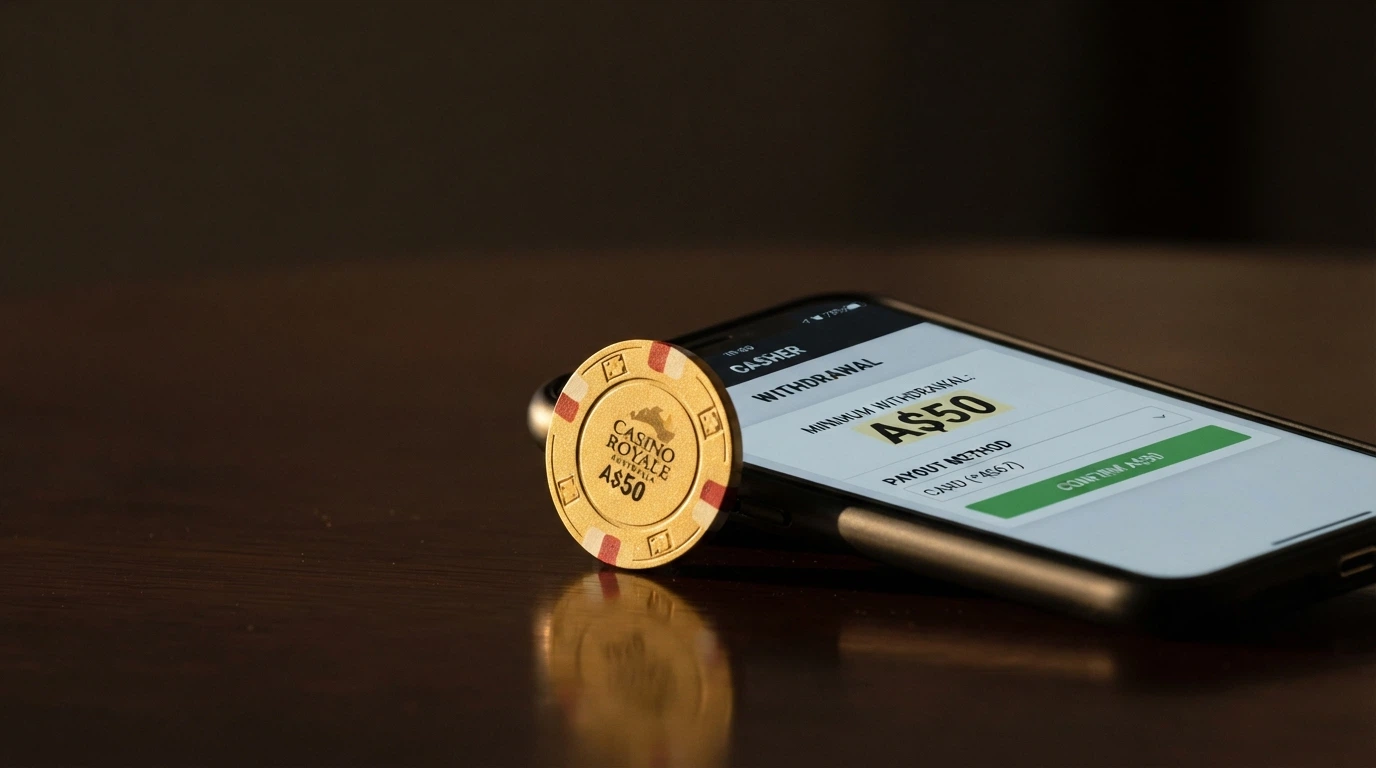 A single Australian one-dollar coin beside a phone showing a cashier withdrawal screen with a A$50 minimum highlighted