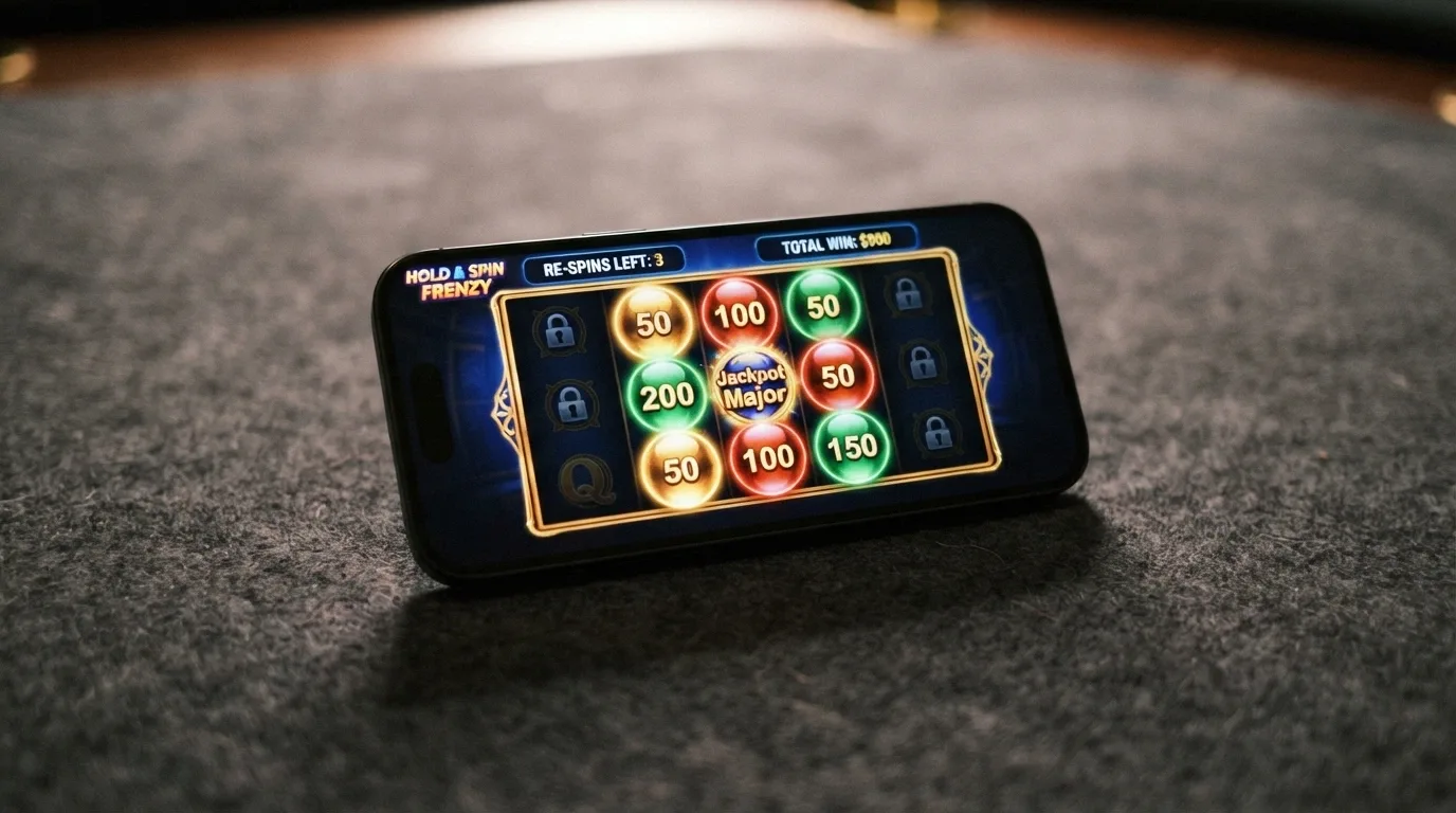 A smartphone in landscape orientation displaying a Dragon Link pokies game with the Hold & Spin feature active and coloured orbs on the reels