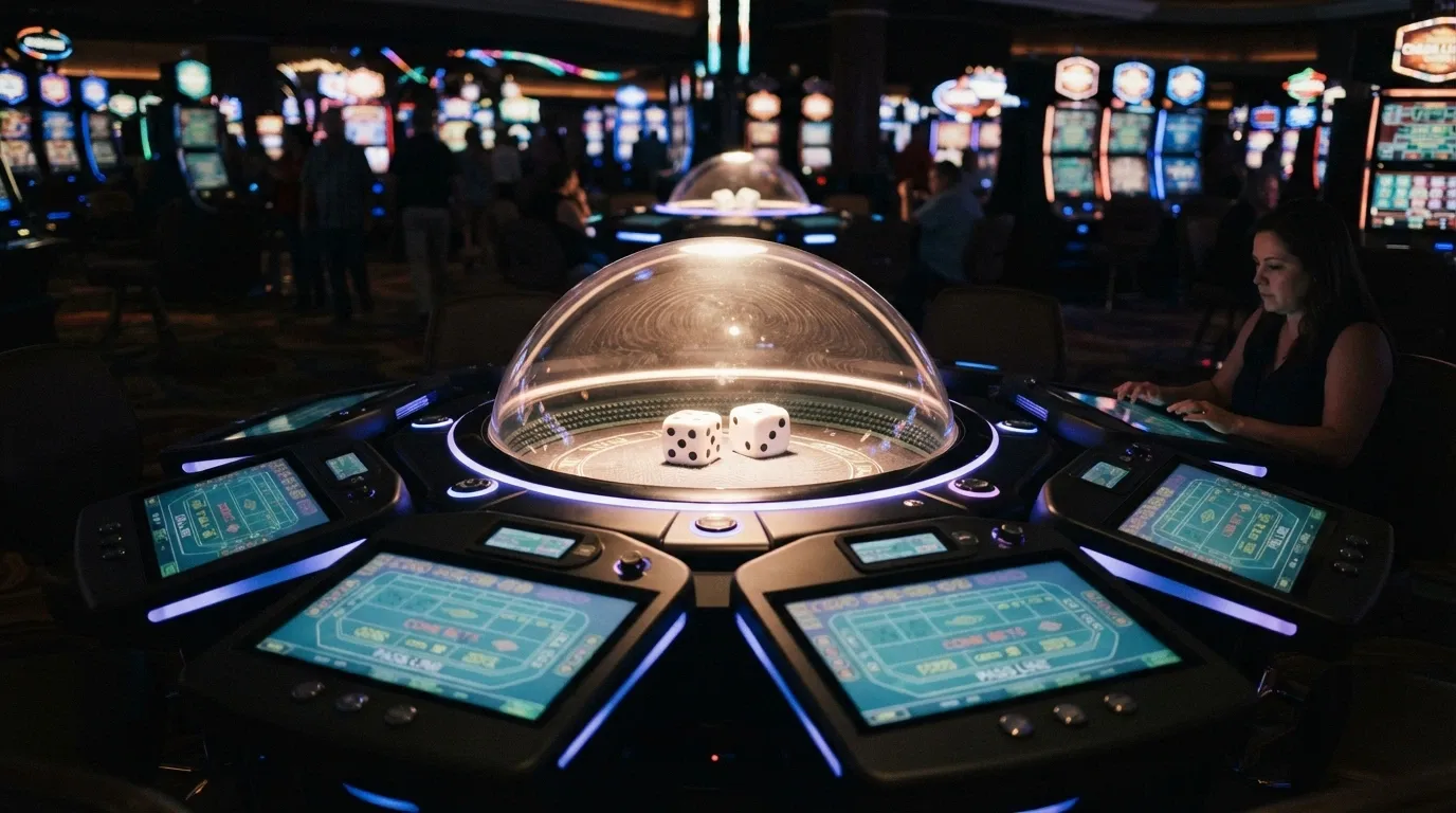 A standalone electronic craps terminal with a large central perspex dome containing two oversized dice, surrounded by individual touchscreen betting stations