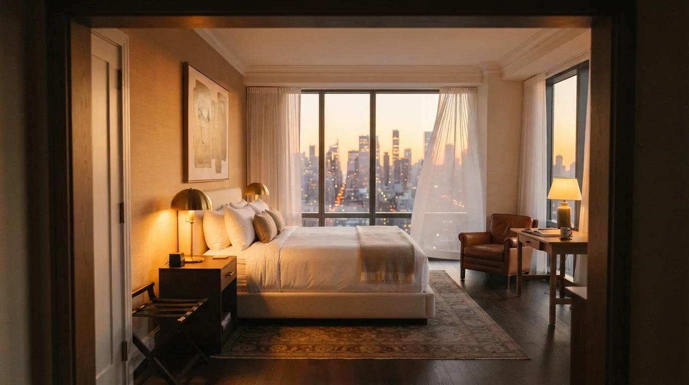 A luxury hotel room at EOS by SkyCity with floor-to-ceiling windows and Adelaide city views