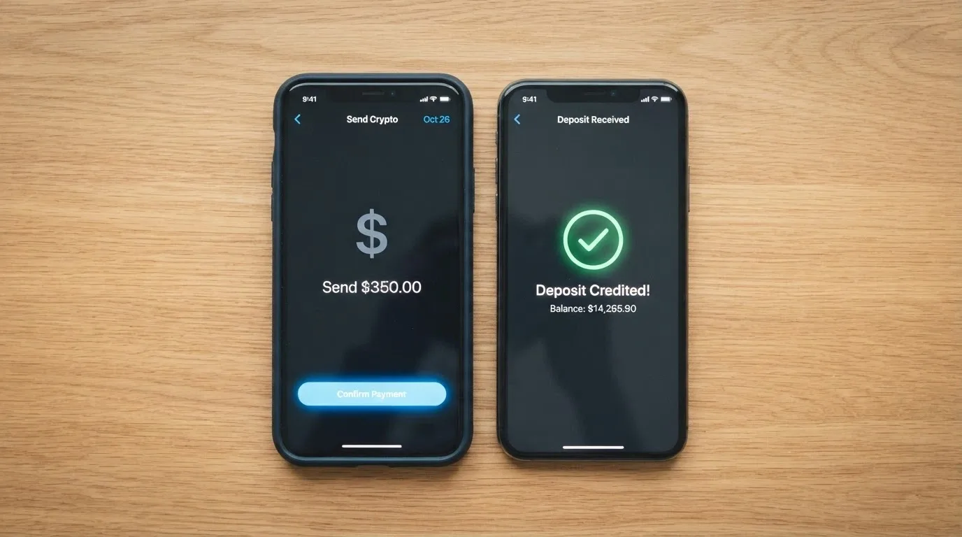 A smartphone showing a crypto wallet send screen beside a casino deposit confirmation, with the ETH logo linking the two