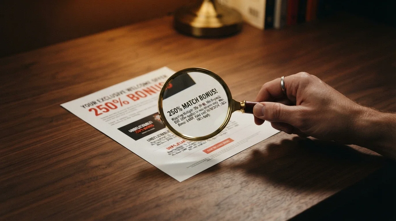 A casino welcome-offer banner with a magnifying glass over the terms-and-conditions fine print, the wagering multiple highlighted