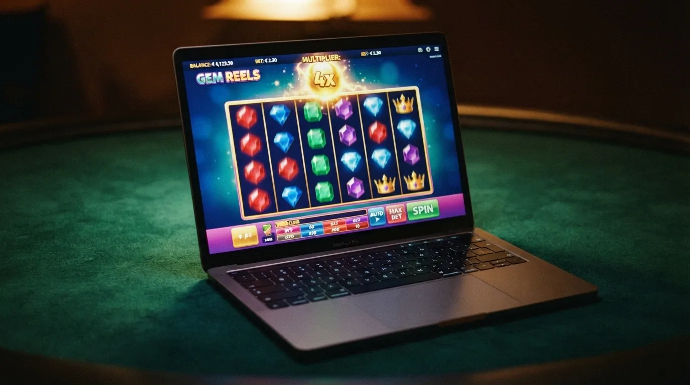 A colourful online pokies game screen with the ETH symbol in the balance bar, reels mid-spin