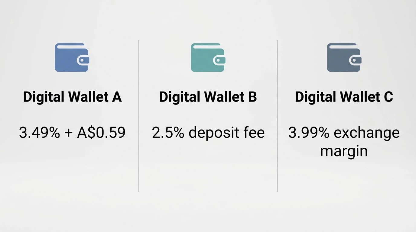 Three e-wallet app icons — PayPal, Skrill and Neteller — side by side, each with a small annotation showing its per-transaction cost in Australian dollars