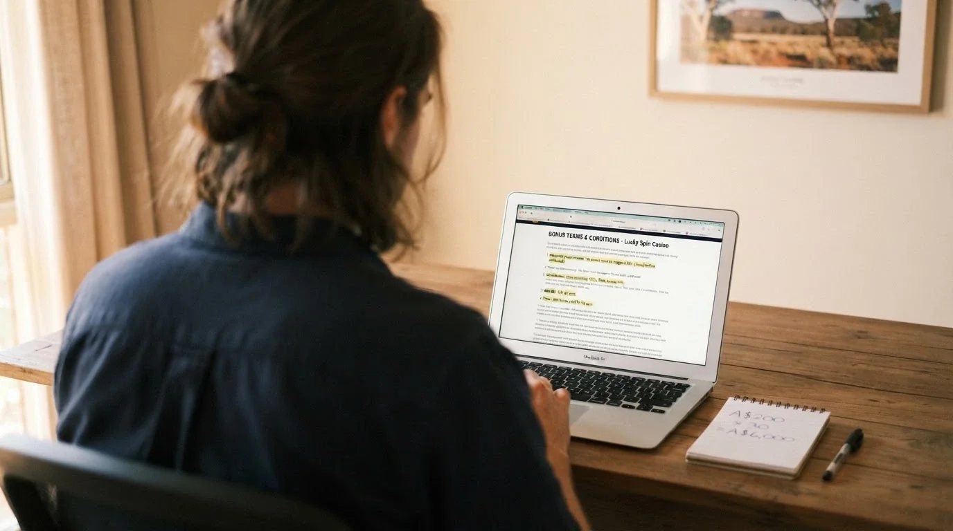An Australian player at a laptop, a thoughtful expression, the screen showing a bonus terms page with key clauses highlighted, a notepad with a simple sum beside it