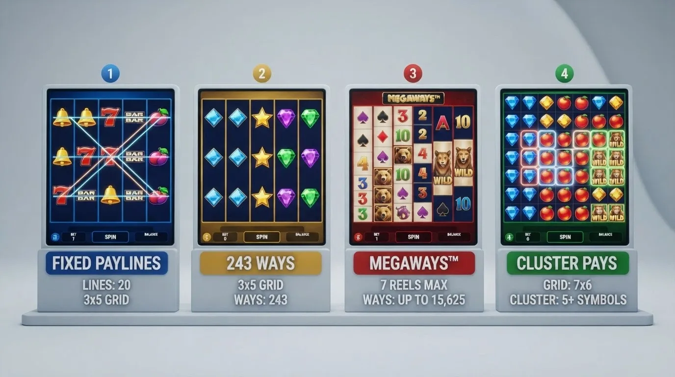 A split-screen view showing four different 5-reel pokie interfaces side by side — fixed-payline, 243-ways, Megaways and cluster-pays — each with its reel layout clearly visible