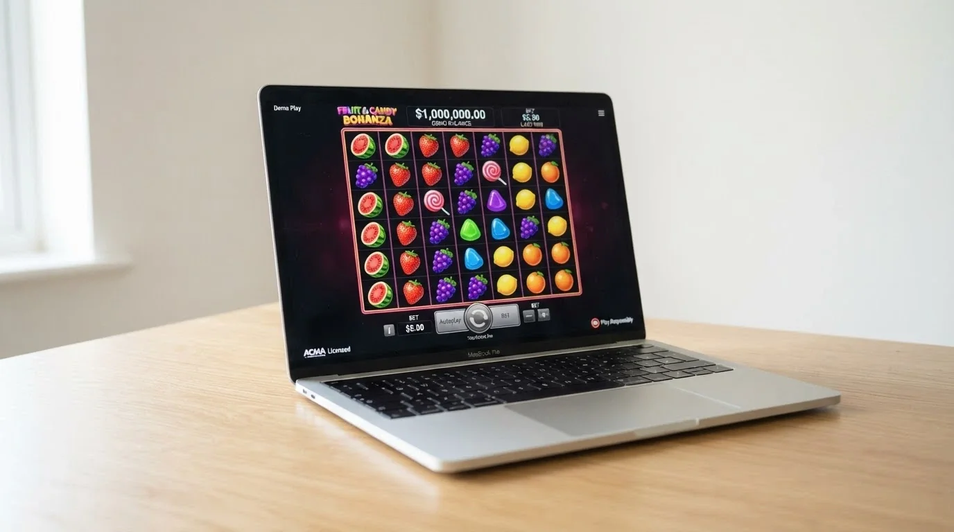 A browser window showing a 7-reel slot in demo mode with a play-money balance visible