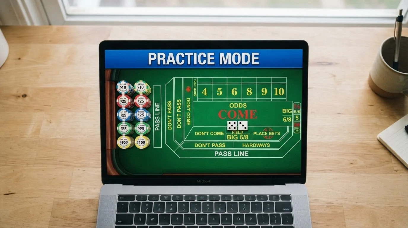 A demo-mode craps table on a laptop screen with a prominent PRACTICE MODE banner across the top and play-money chips stacked beside the pass line