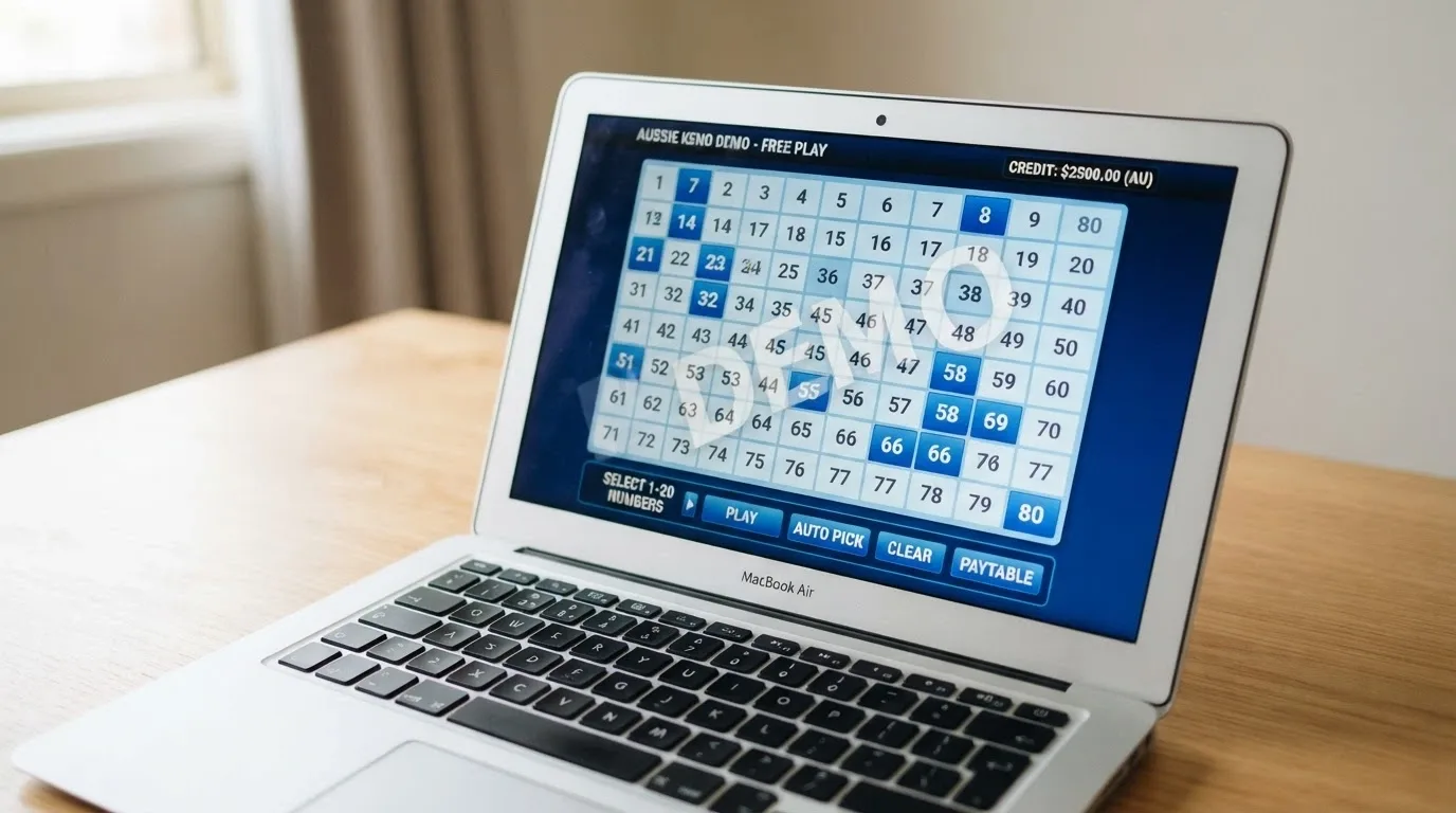 A laptop screen showing a free-play keno game with a DEMO watermark across the number grid and a virtual-credit balance
