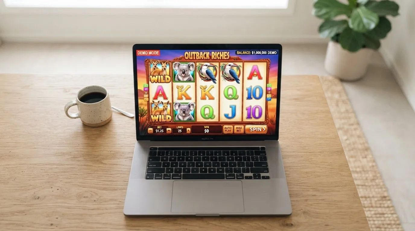 A laptop screen showing a 5-reel pokie in demo mode with a play-money balance visible in the corner and the Demo label displayed on the game interface