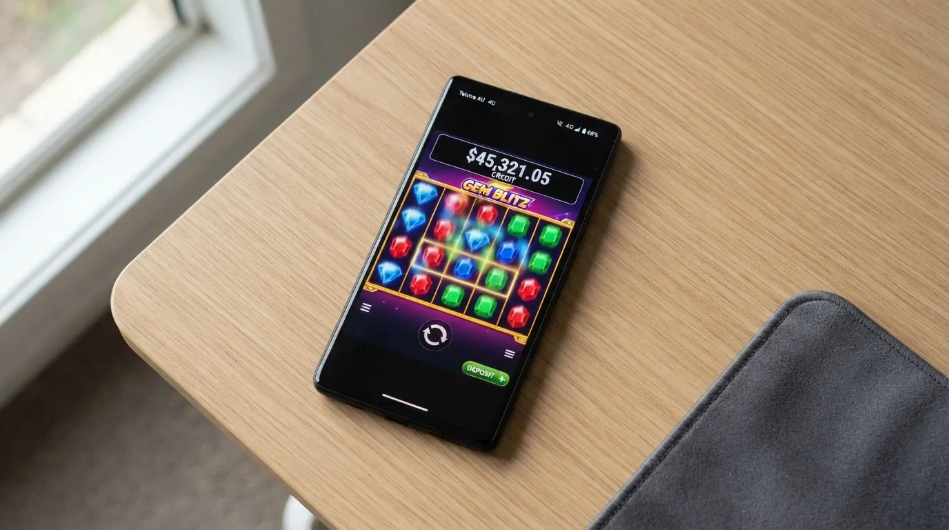 An Android phone showing a pokies game in demo mode with a large play-money balance displayed and a subtle deposit button in the corner