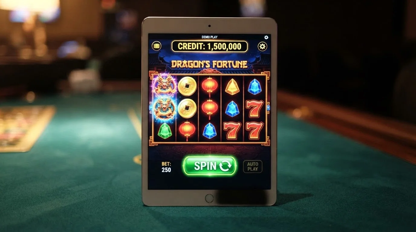 An iPad displaying a pokies game in demo mode with a large play-money balance visible, the spin button prominent, colourful reels filling the screen