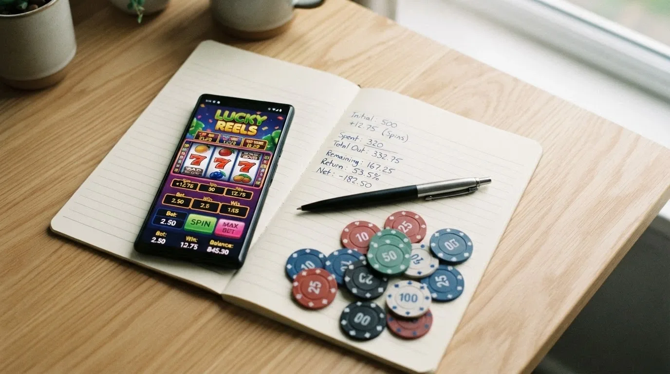 A calculator beside a smartphone showing a pokie game, with AU dollar coins spread across a notepad