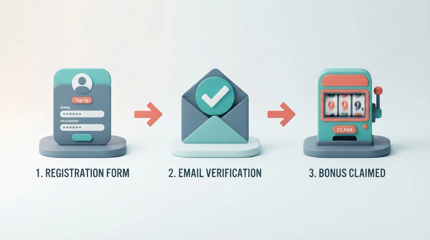 Three illustrated steps — sign-up form, email verification icon, slot game with spins counter — in a horizontal sequence