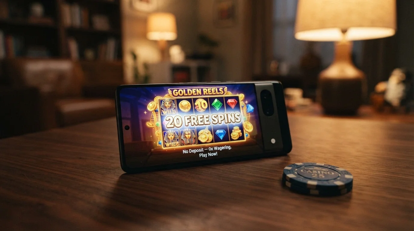 A smartphone screen displaying 20 free spins credited on a pokie with the message “No Deposit Required — 0x Wagering” and a small cashout-cap note visible beneath