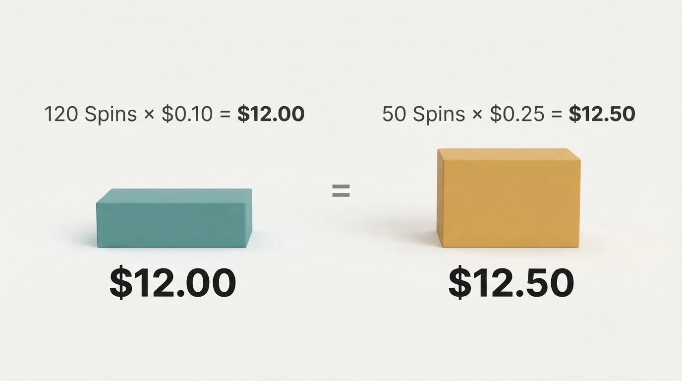 A side-by-side comparison of two spin batches: 120 spins at AU$0.10 totalling $12 versus 50 spins at AU$0.25 totalling $12.50