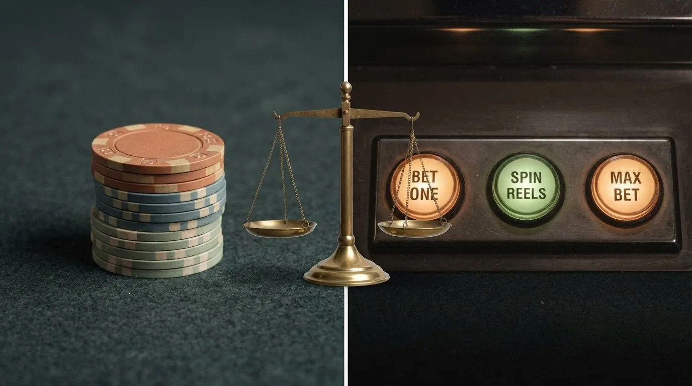 A side-by-side visual: a stack of poker chips on the left, a row of slot-machine spin buttons on the right, with a scale tipping toward the spins side