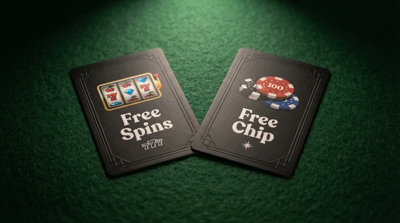 Two casino bonus cards side by side — one labelled Free Spins with a slot-reel icon, the other labelled Free Chip with a chip stack icon