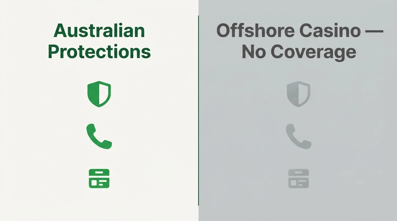 A split graphic: left side shows BetStop and helpline icons under “Australian Protections,” right side shows the same icons greyed out under “Offshore Casino — No Coverage”