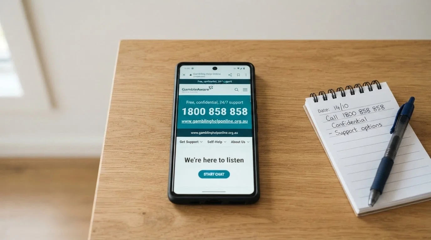 A smartphone screen showing the Gambling Help Online homepage with the 1800 858 858 number visible