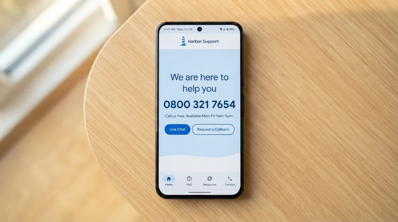 A smartphone showing the Gambling Help Online homepage with the 1800 858 858 helpline number prominently displayed